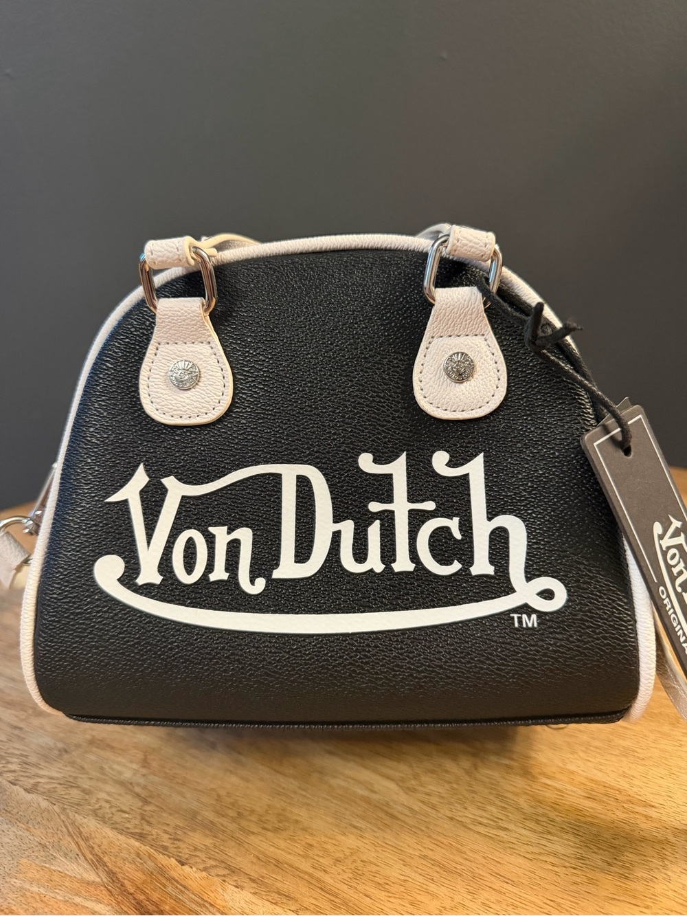 Von Dutch Black and White Logo Mini Dome Bag